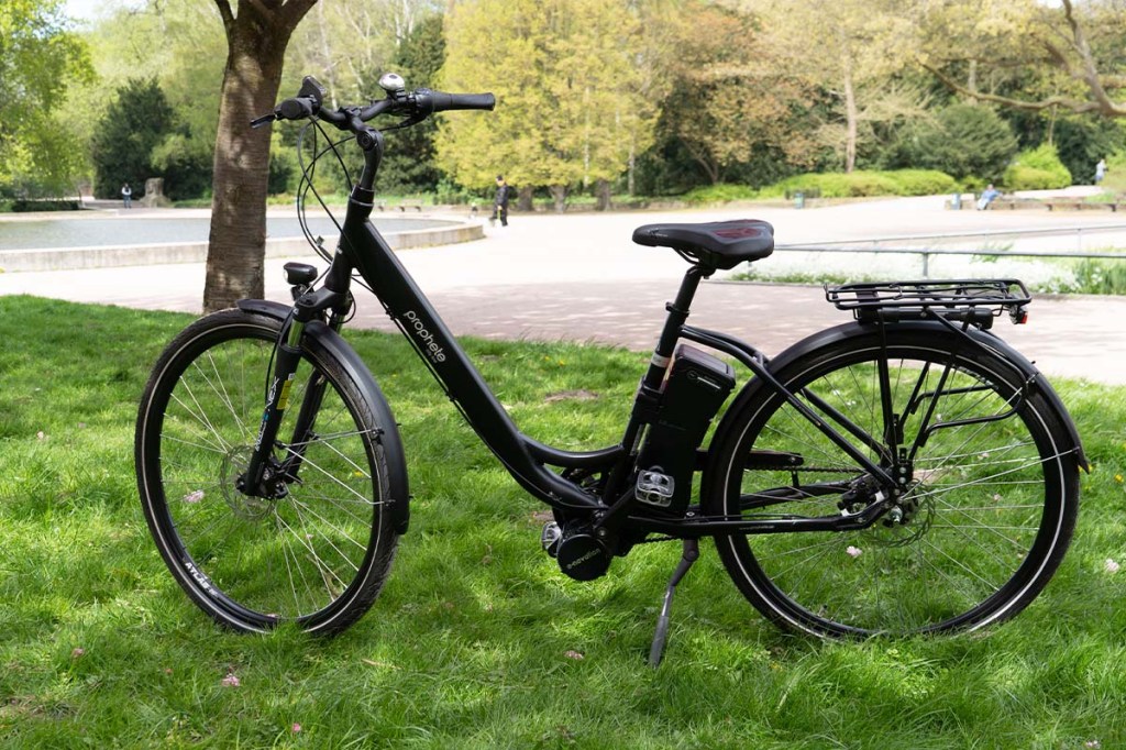 Alu-City-E-bike von Prophete auf einer Wiese im Park stehend
