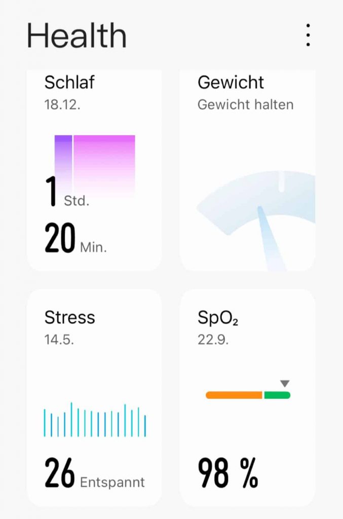 In der Huawei-Health-App sind alles Funktionen klar strukturiert in Kacheln unterteilt.