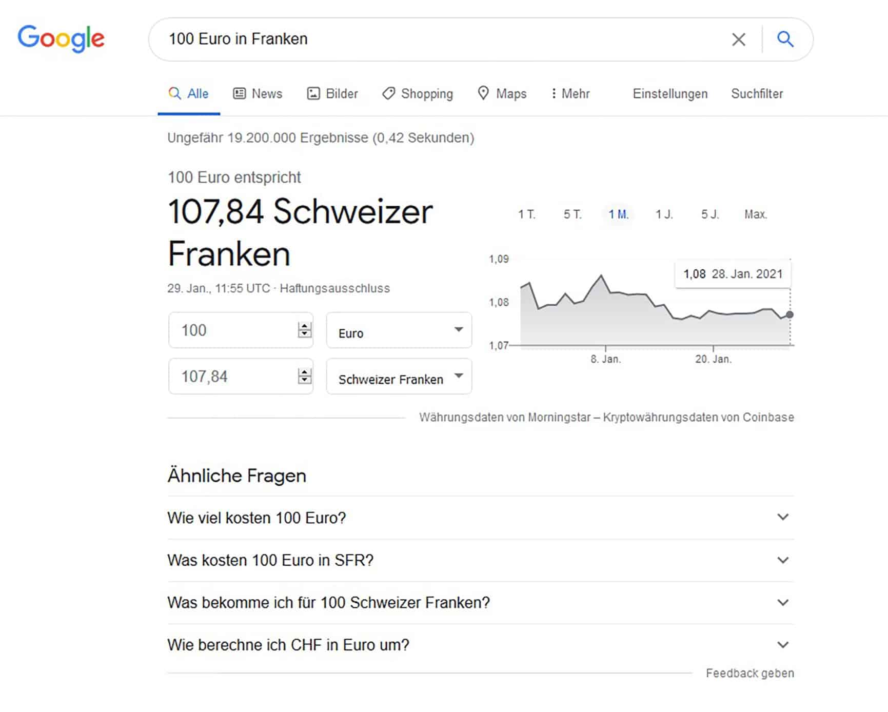 Google Suche Umrechnung