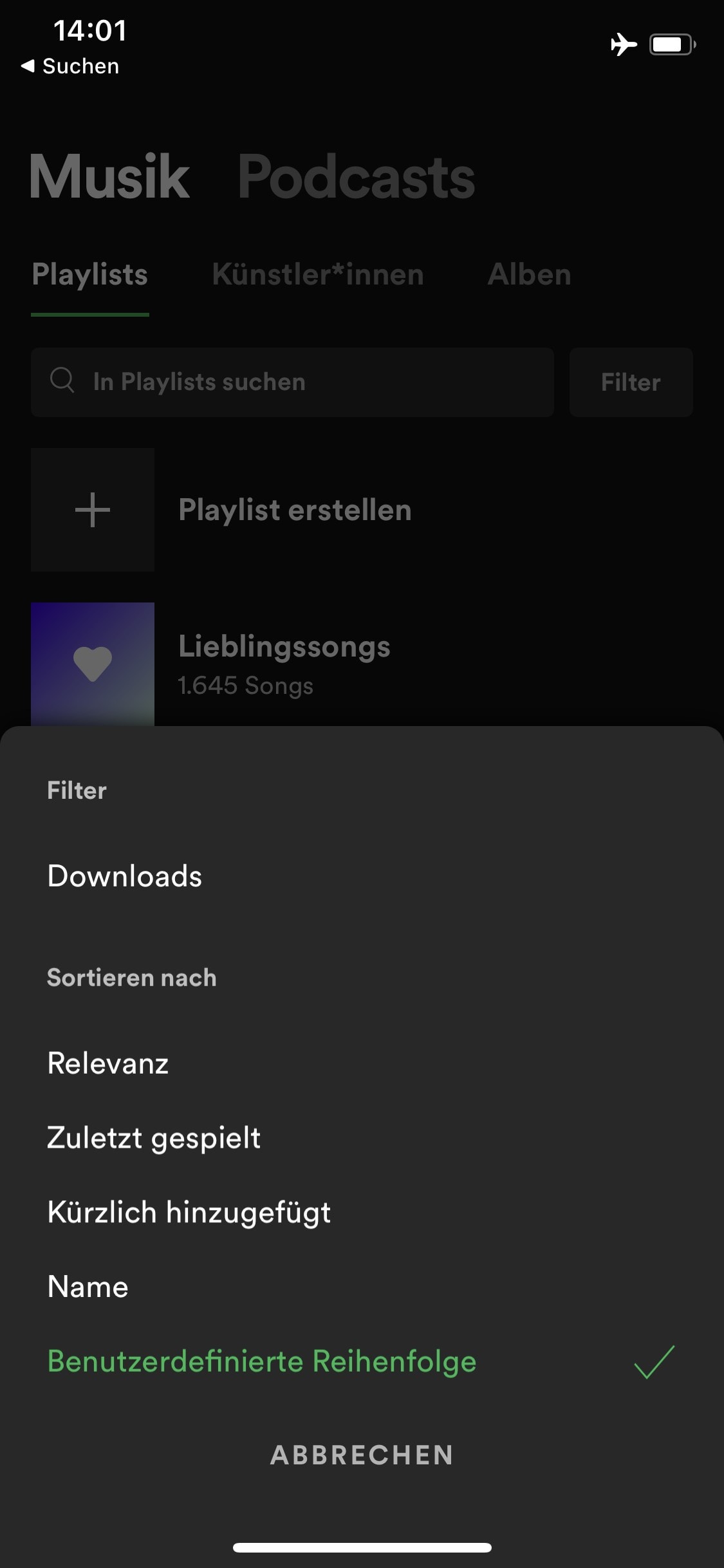 Spotify: In der Bibliothek können Sie mit "Filter" nur ihre Downloads anzeigen lassen.