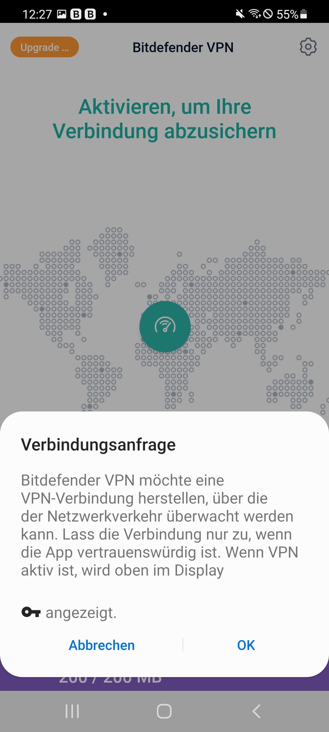 Bei der ersten Einrichtung benötigt die Verbindung über den VPN-Server eine Erlaubnis, die bestätigt werden sollte.