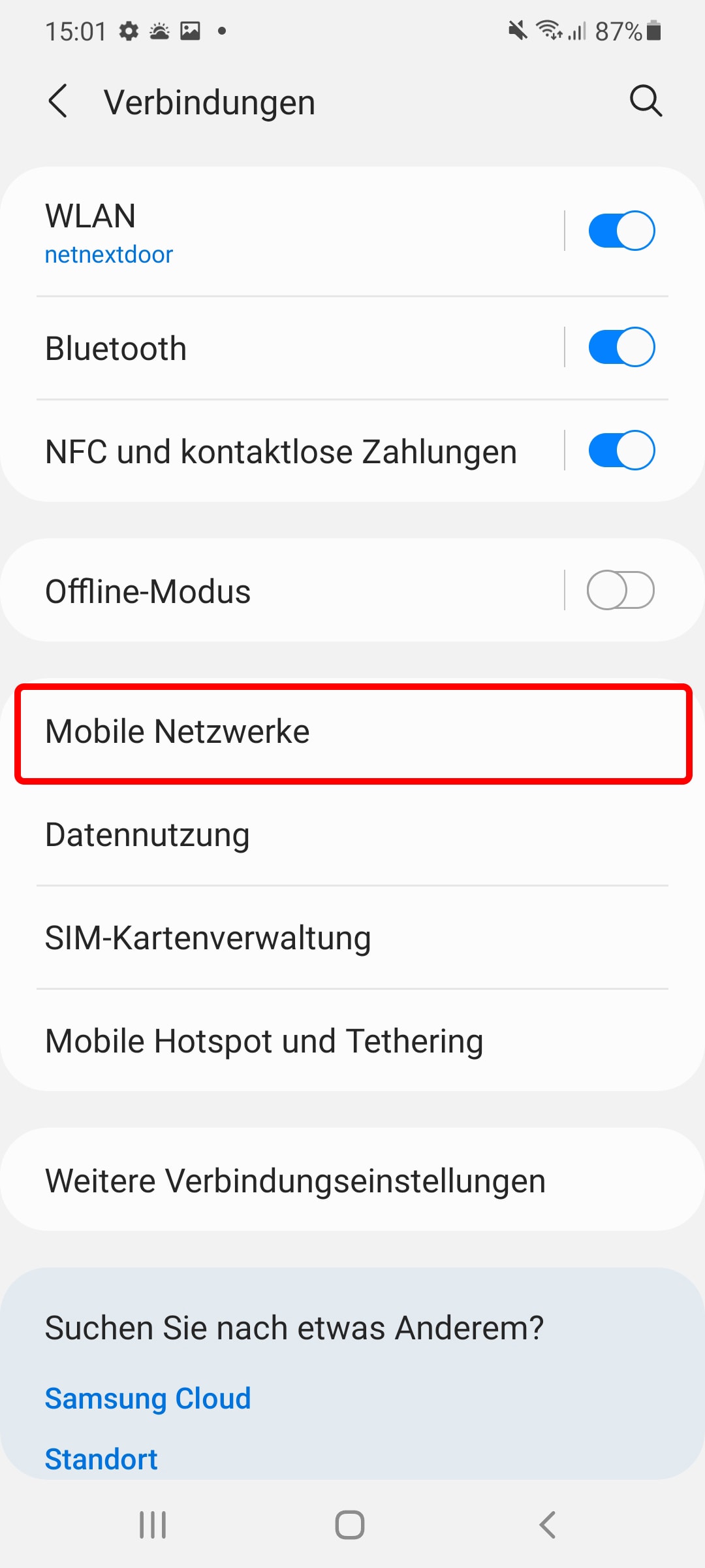 Schritt 1: Wie auch den Flugmodus, finden Sie die Roaming-Einstellungen unter "Verbindungen". Wählen Sie dort "Mobile Netzwerke".