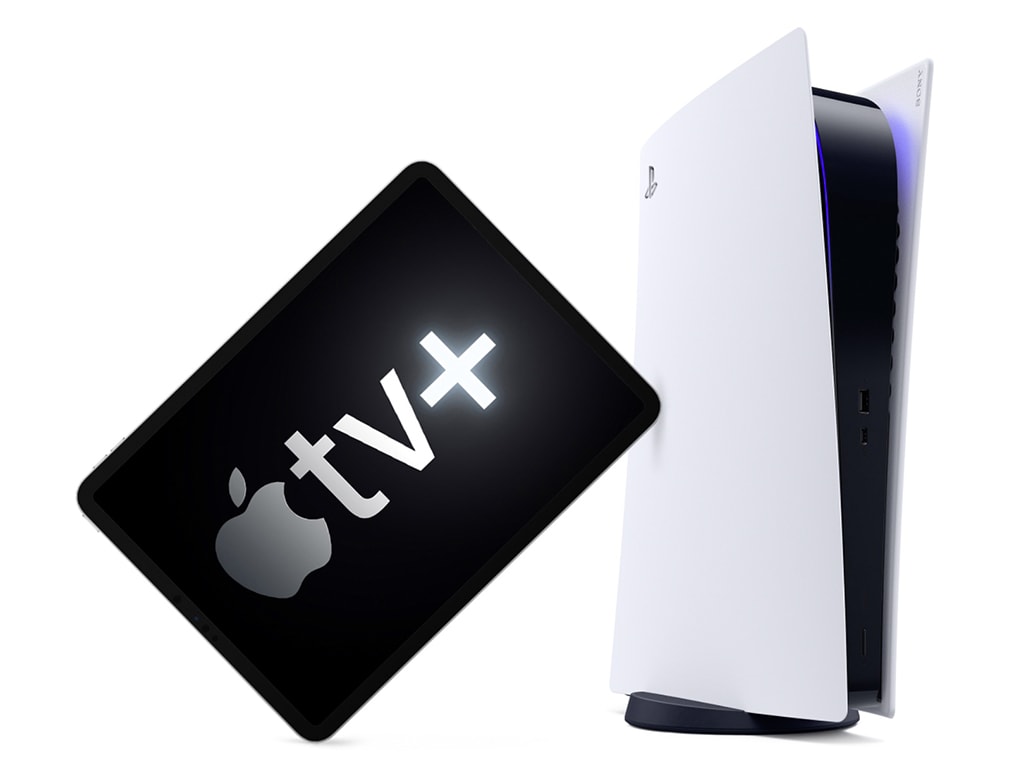 iPad mit Apple TV+ lehnt an einer Playstation 5