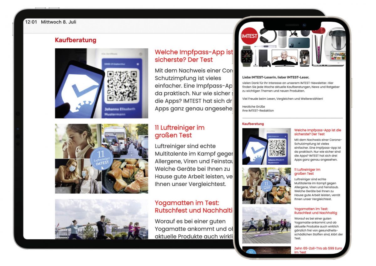Tablet und Smartphone zeigen einen geöffneten IMTEST-Newsletter.