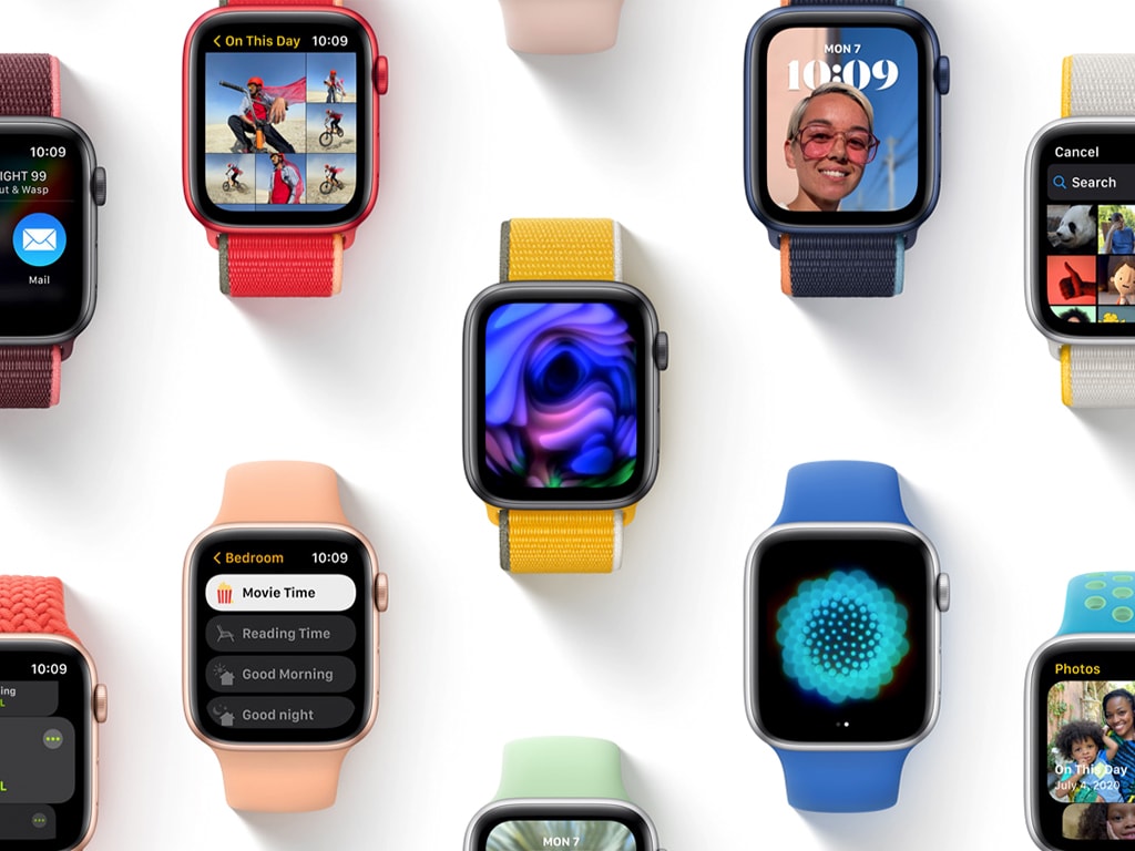 Viele Apple Watches mit watchOS8 auf einem Bild.