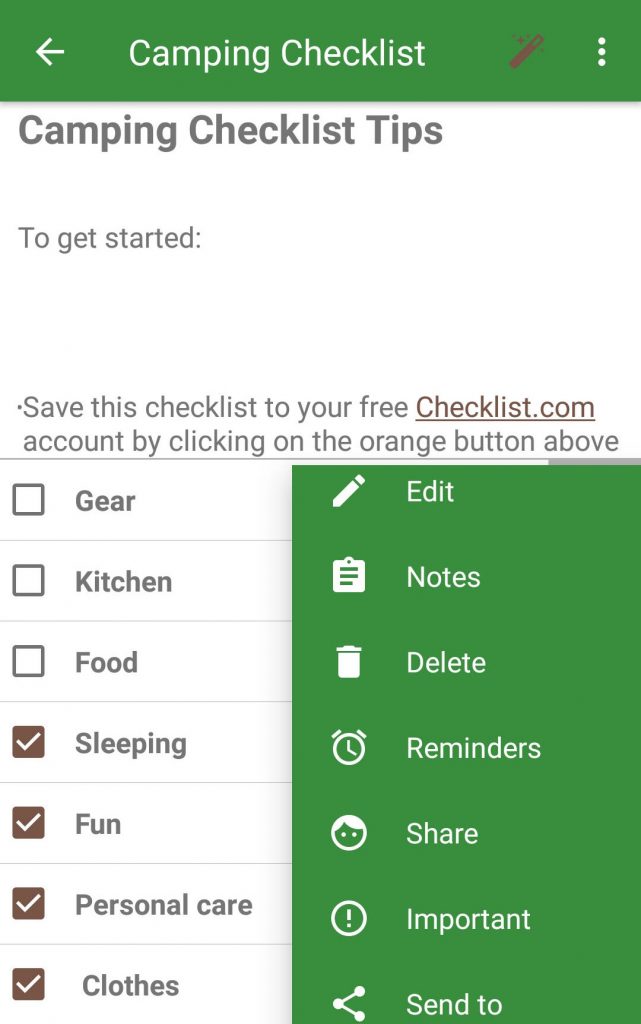 Screenshot Grün weißes App-Fenster mit einer Checkliste und Aktionen