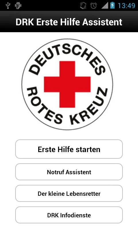 Screenshot App Weißes Fenster mit Logo vom DRK und vier Buttons