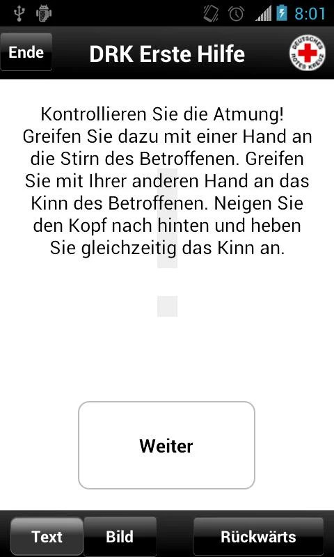 Screenshot App weiß schwarzes Fenster mit Text und Weiter-Button