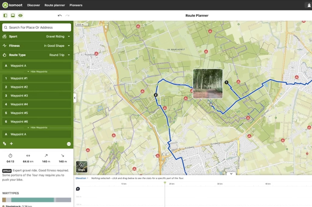 Kartenausschnitt des Routenplaners von komoot mit neuer Trails View Funktion