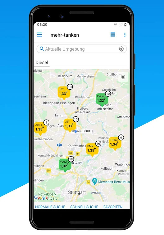 Schwarzes Smartphone auf Blau weißem Hintergrund zeigt Karte von Bayern mit angezeigten gelben und grünen Kreisen