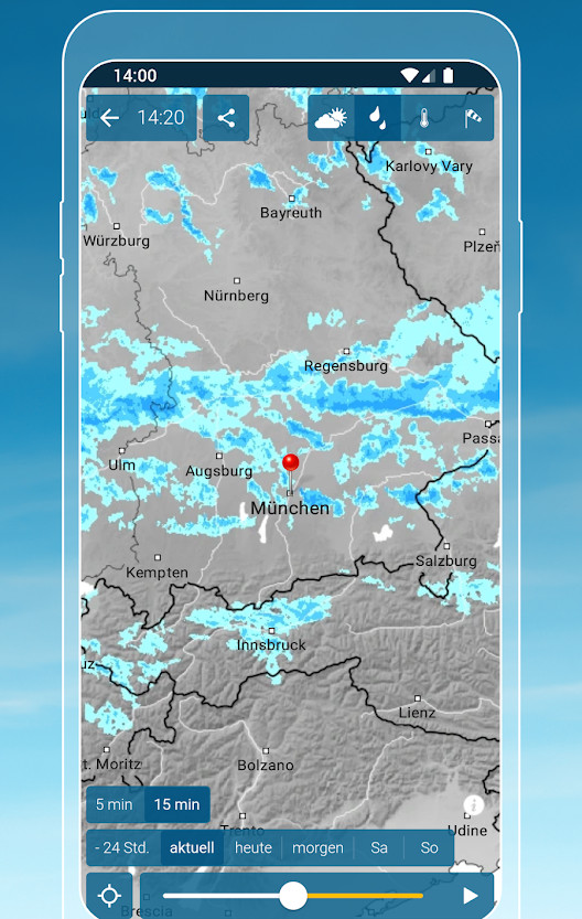 Blaues Smartphone auf hellblauem Hintergrund zeigt Karte von Deutschland mit Blauen Flecken