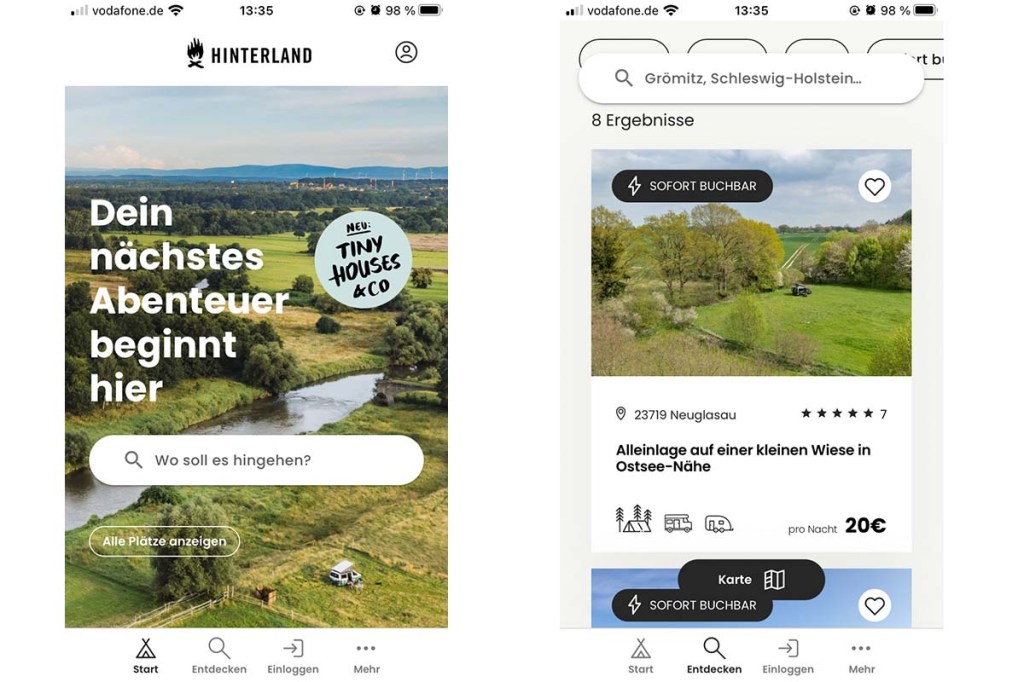 Zwei Handy-Screenshots nebeneinander, beide zeigen die App Hinterland Camp