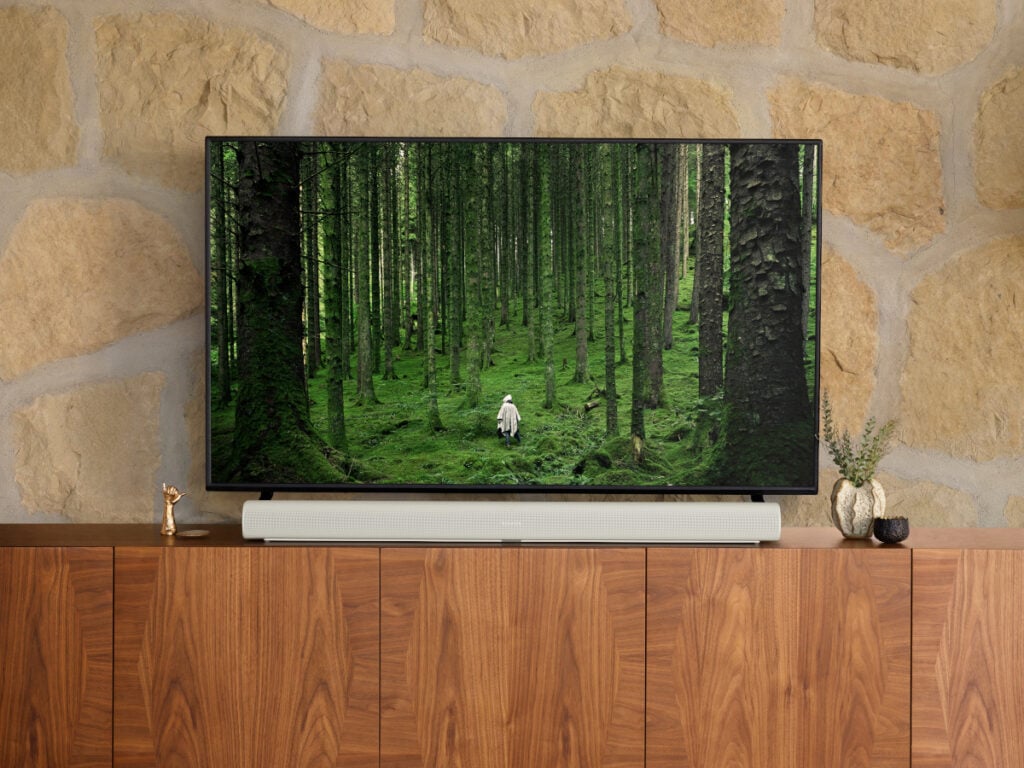 Soundbar in weiß auf Sideboard aus Holz unter TV, der ein Bild mit Wald zeigt