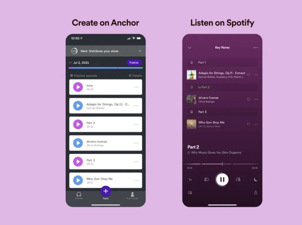 Die Apps von Anchor und Spotify auf zwei Smartphones nebeneinander.