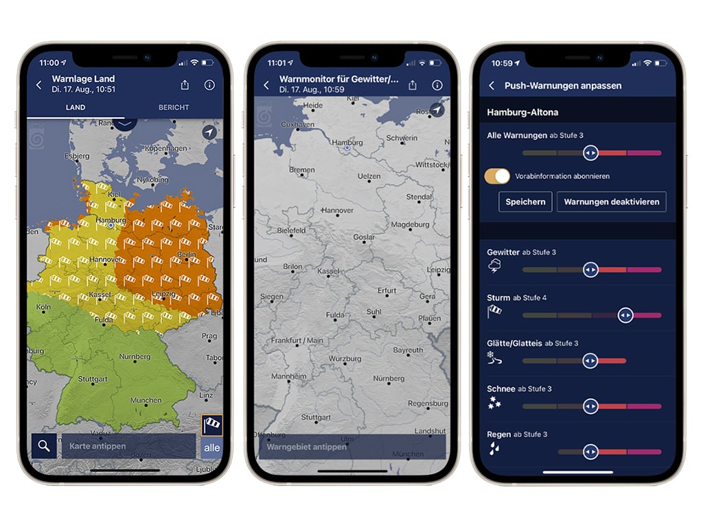 Drei Funktionskarten einer Wetter-App auf dem Smartphone.