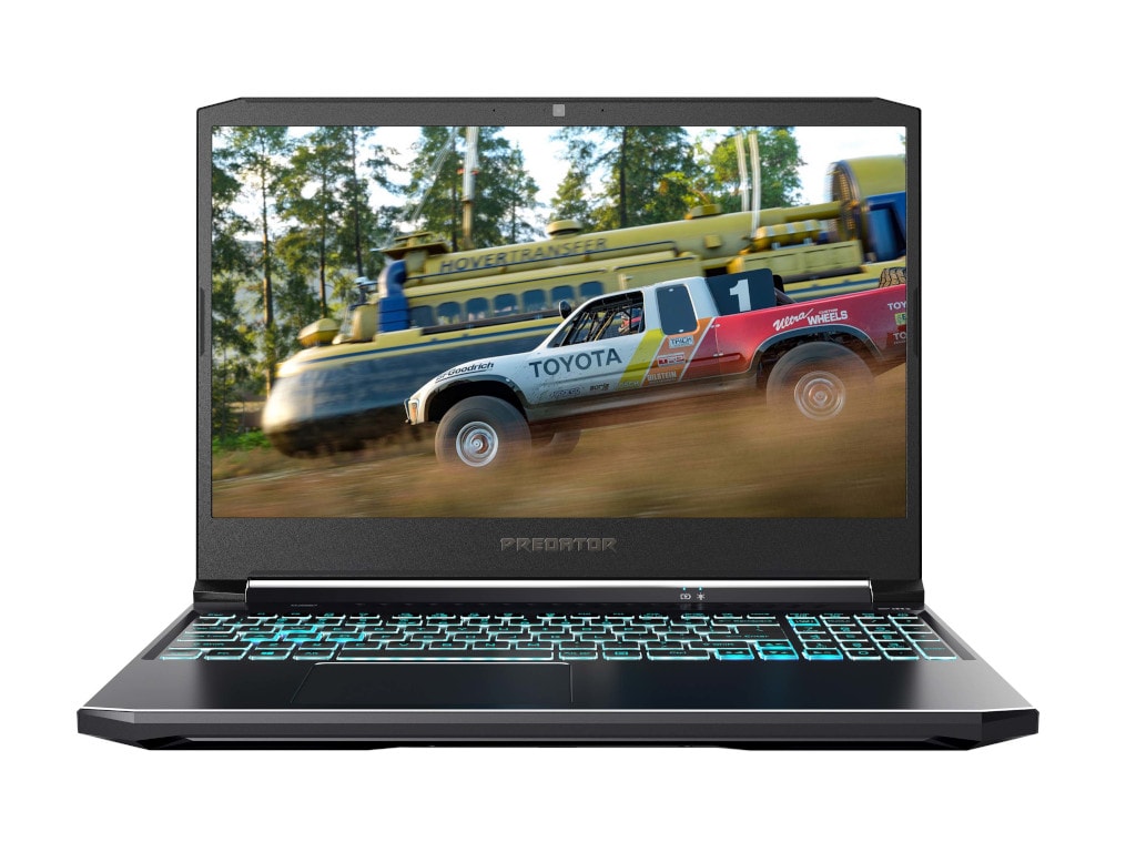 Das Notebook Acer Predator Helios 300 aufgeklappt von vorne mit Bild aus Spiel auf weißem Hintergrund