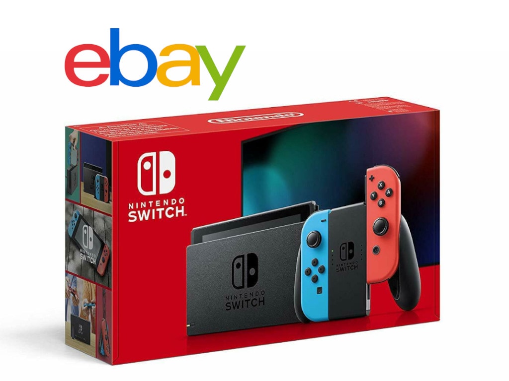 Nintendo Switch im Karton schräg von vorne auf weißem Hintergrund mit eBay-Schriftzug darüber