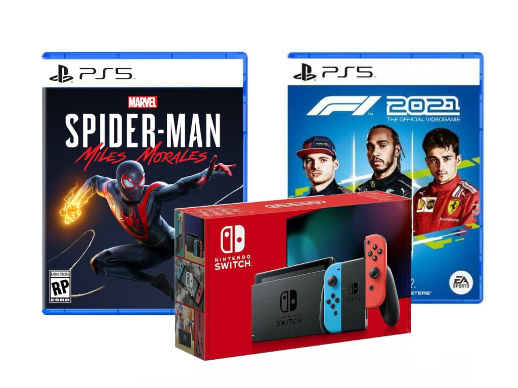 PS5 Spiele Spider-Mann und F1, davor Karton von Nintendo Switch, auf weißem Hintergrund