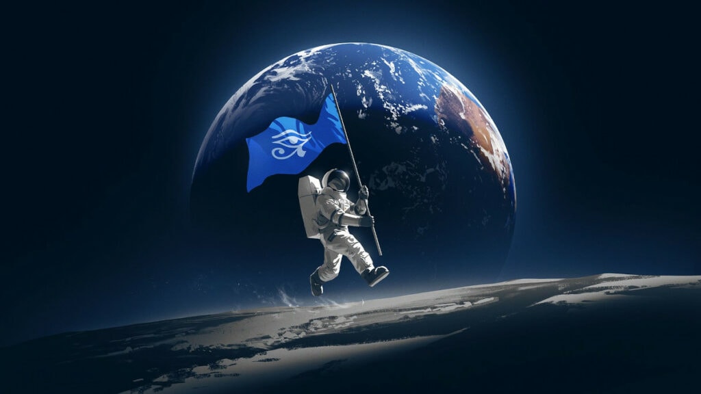 Astronaut auf Mond mit Flagge, im Hintergrund die Erde