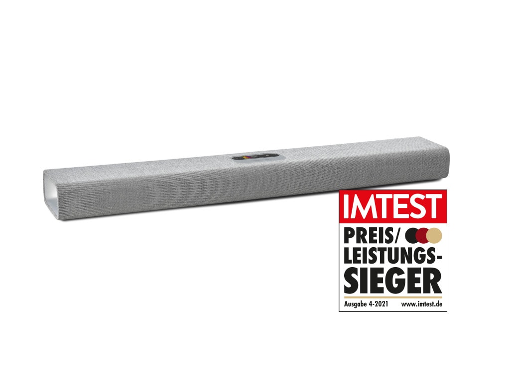 Mulitbeam 700 Soundbar in Grau schräg von vorne mit IMTEST-Preis-Leistungs-Sieger-Siegel auf weißem Hintergrund
