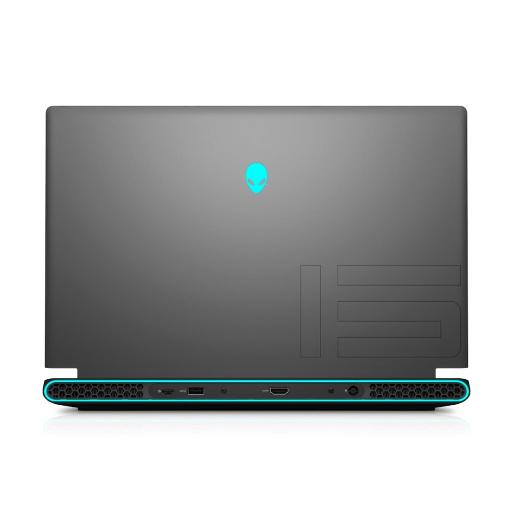 Alienware Notebook aufgeklappt von hinten auf weißem Hintergrund