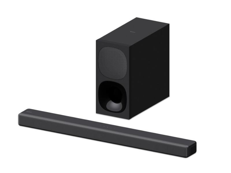 Sony-Soundbar mit Subwoofer dahinter auf weißem Hintergrund