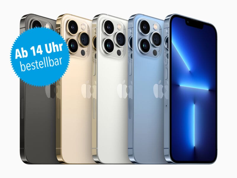 Apple iPhone 13 Pro in vier Farben mit blauem Button