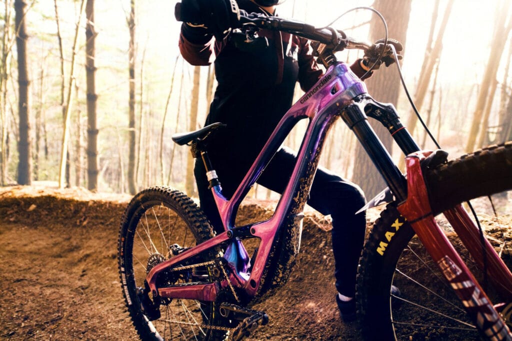 Pinkes Mountain-Bike wird von Fahrer im Wald geschoben