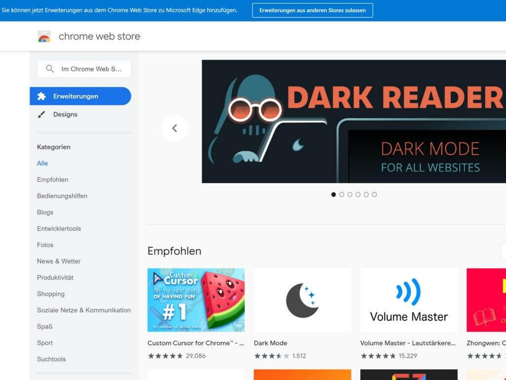 Chrome Web Store Startseite