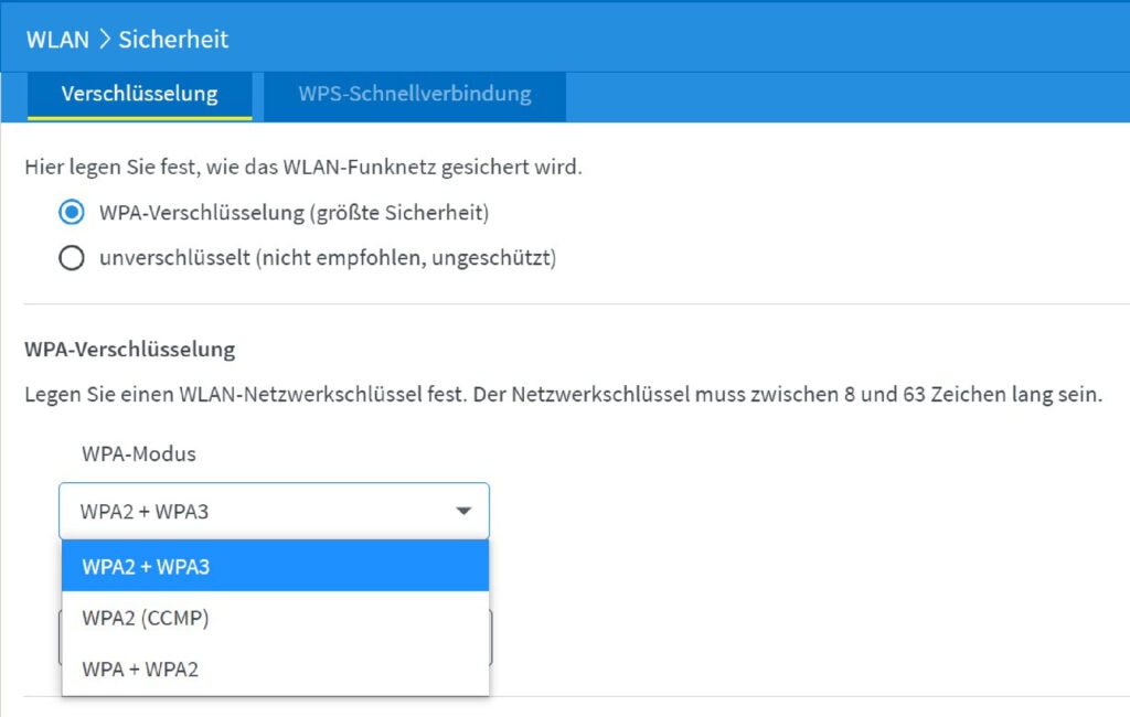 Screenshot WPA-Einstellungen Sicherheit