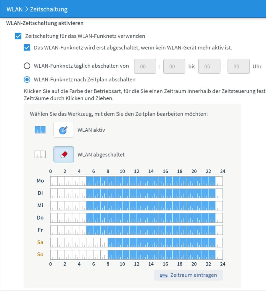 Screenshot Kalender-Einstellungen für Zeitschaltung