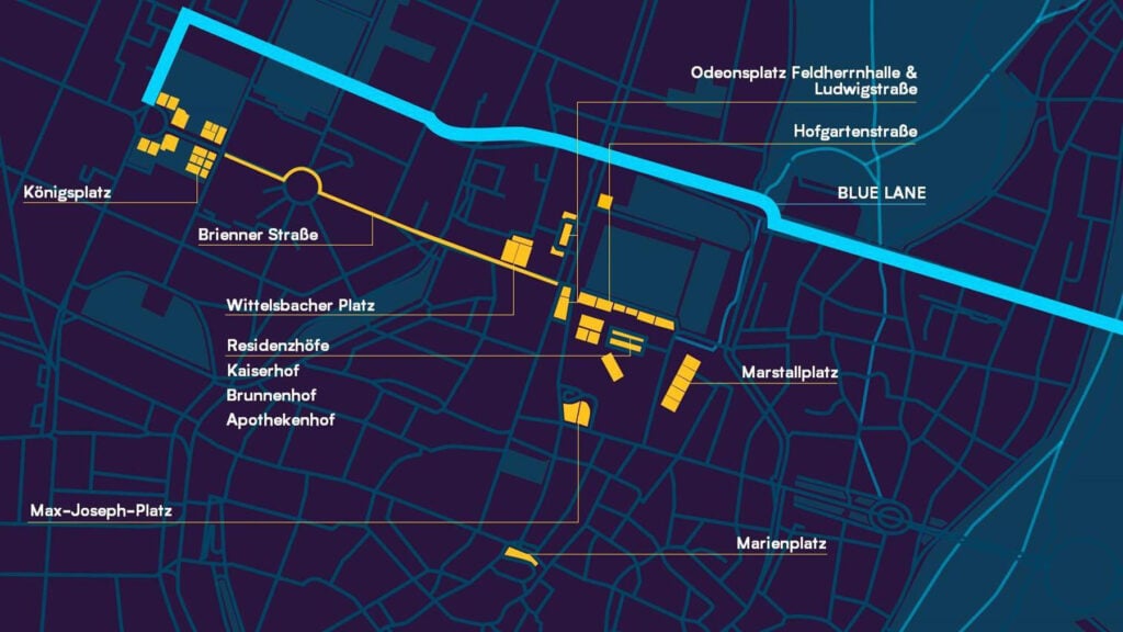 Dunkelblauer Plan der Ausstellungsorte