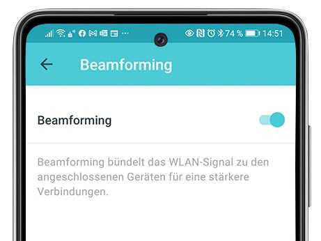 Smartphone zeigt App-Einstellungen zum Beamforming