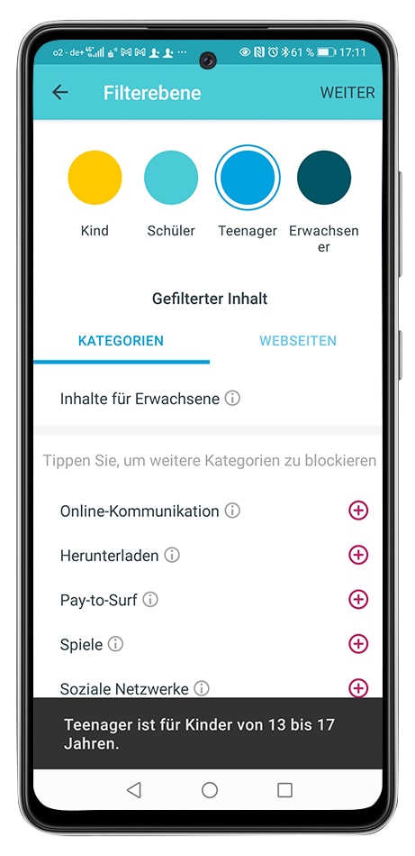 Smartphone mit App, die Sicherheitseinstellungen zeigt