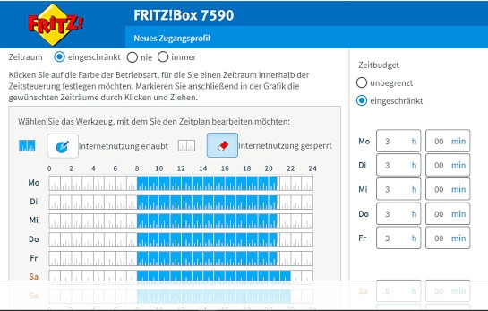 Screenshot der Einstellungen für die Kindersicherung bei der FritzBox