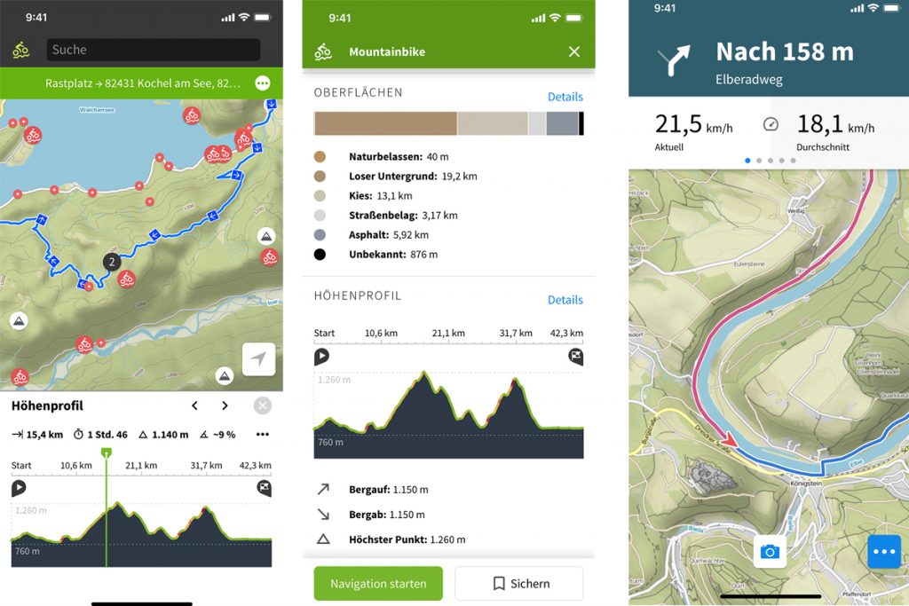 Drei verschiedene Ansichten der E-Bike-App Komoot.