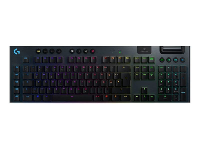 Schwarze Tastatur mit leicht bunt beleuchteten Farben von oben auf weißem Hintergrund