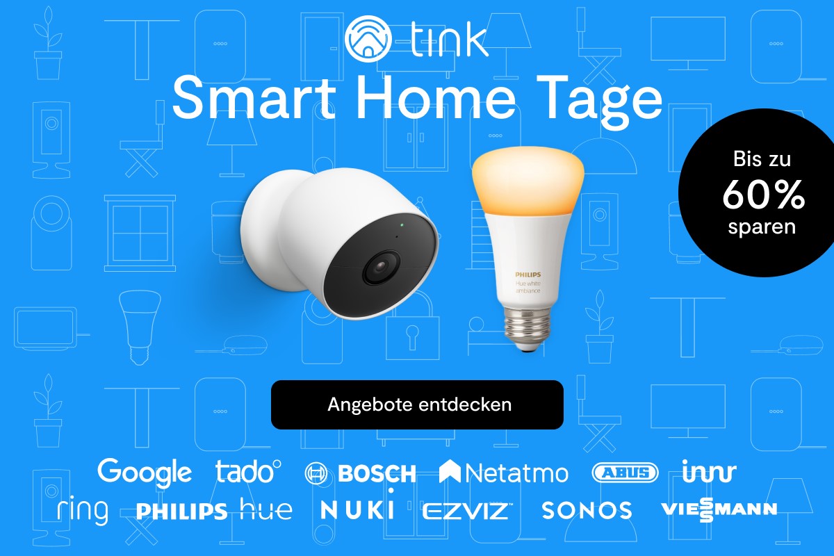 Blaues Banner mit Überwachungskamera und Lampe sowie logos von Tink und vielen Herstellern