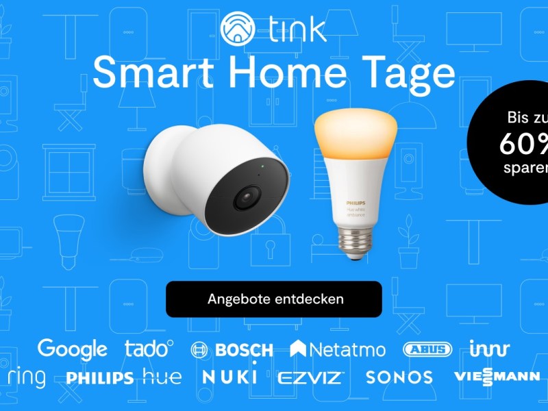Blaues Banner mit Überwachungskamera und Lampe sowie logos von Tink und vielen Herstellern