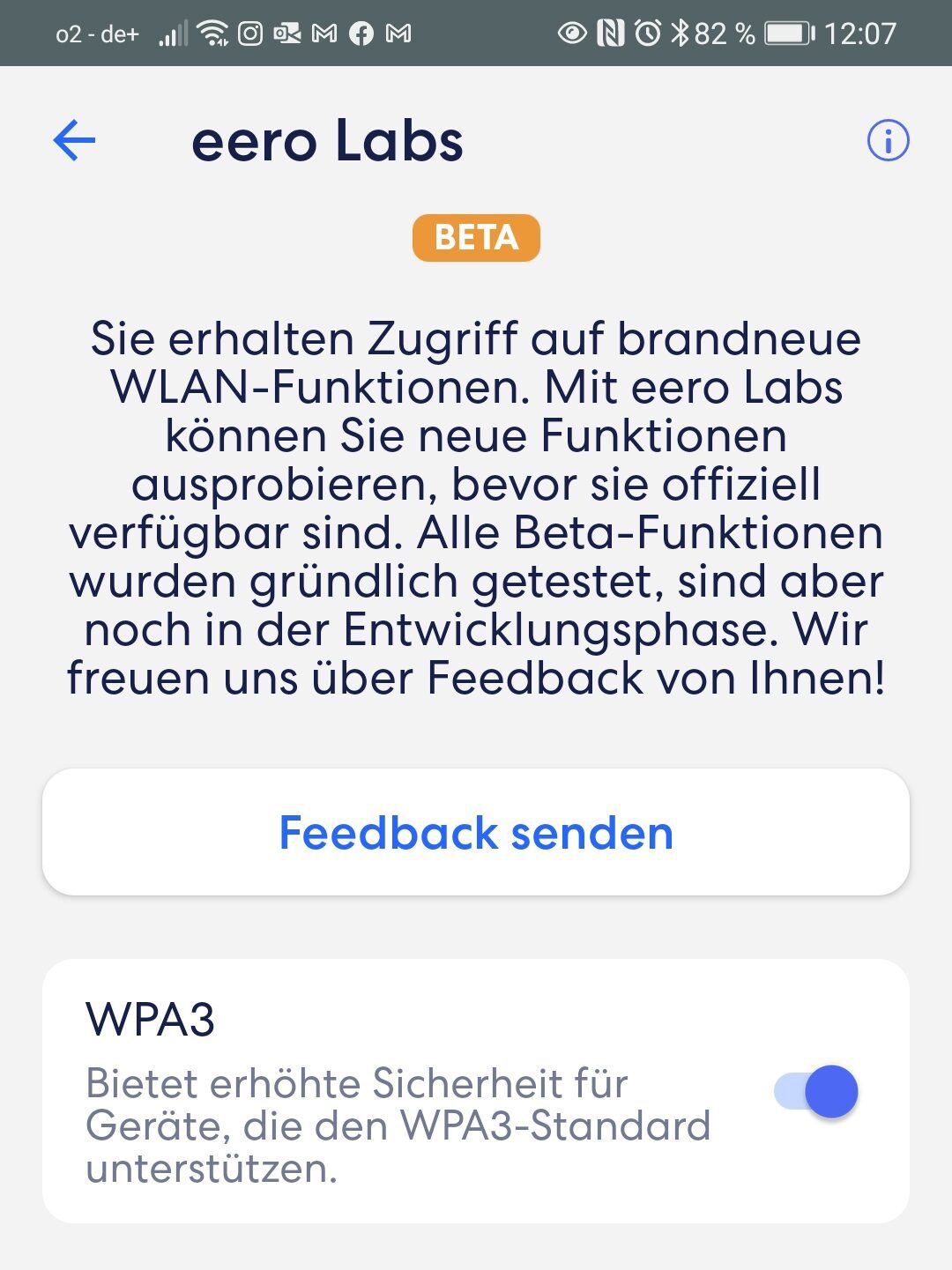 Screenshot geöffnete App mit Einstellungen