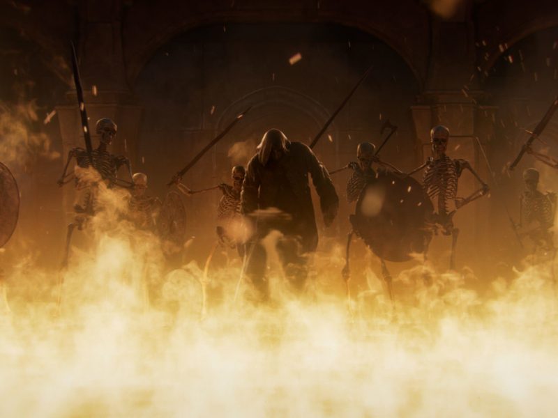 screenshot Spiel Feuer hinter dem schattige Figuren mit Kampfausrüstung stehen