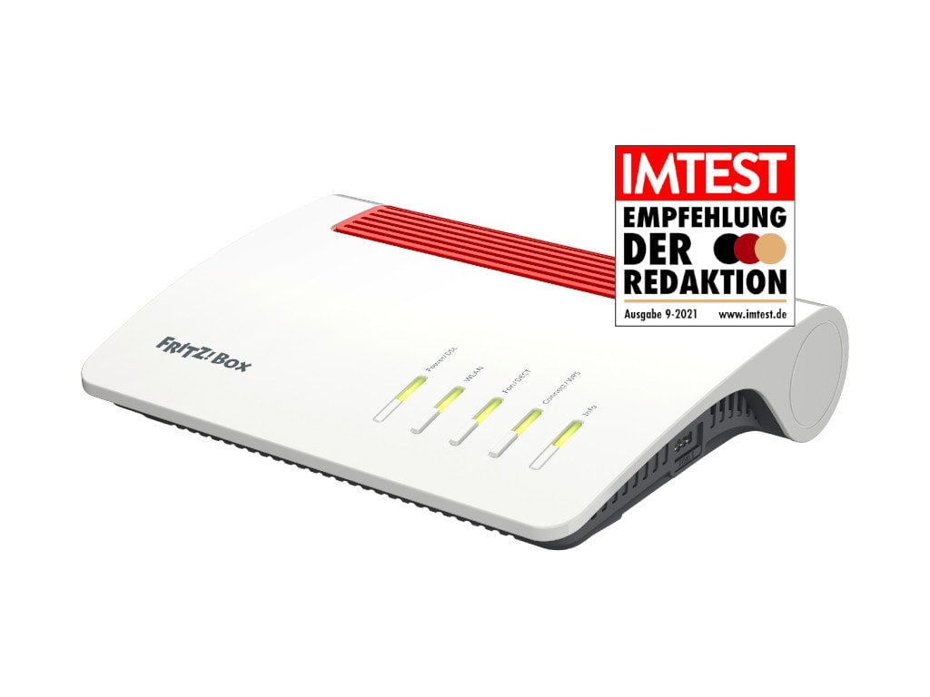 Weiß-roter Fritzbox-Router schräg von vorne auf weißem Hintergrund mit IMTEST-Empfehlungssiegel