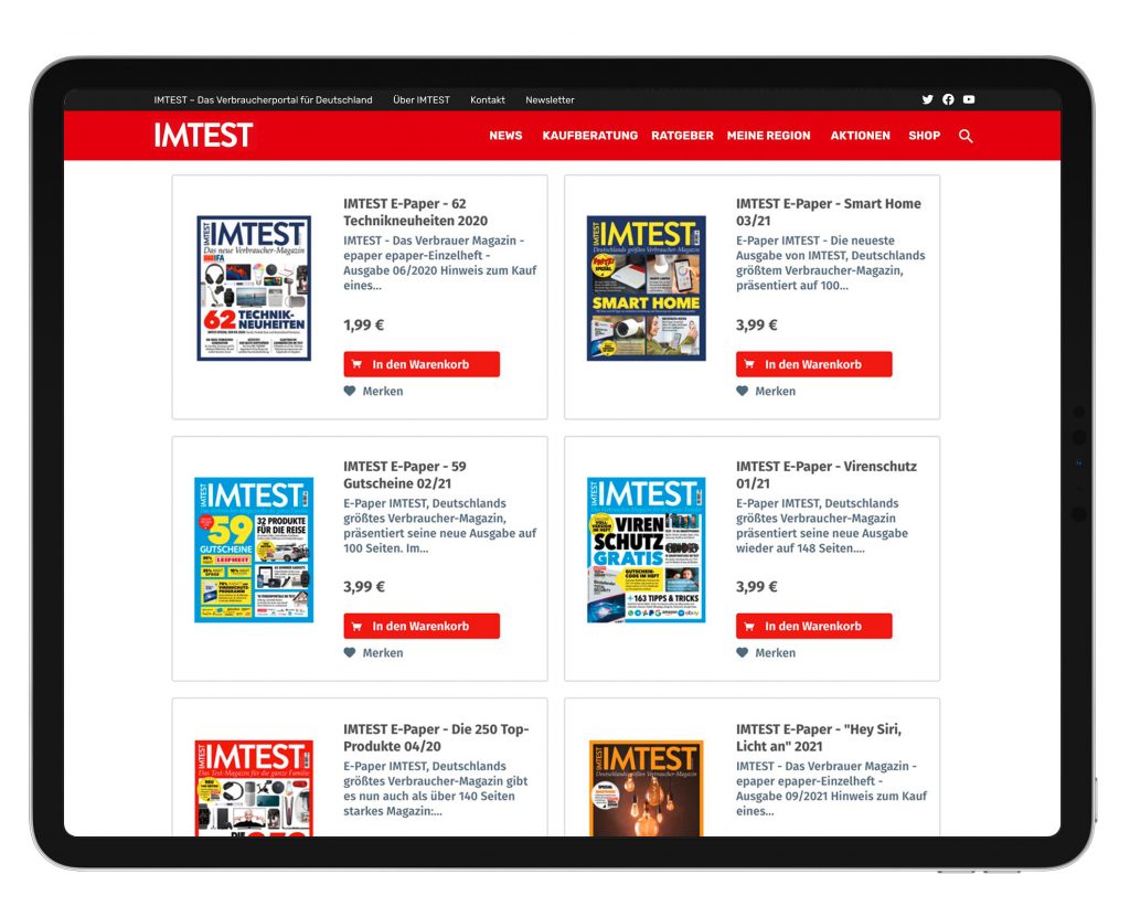 Tablet zeigt IMTEST-Shop, auf weißem Hintergrund