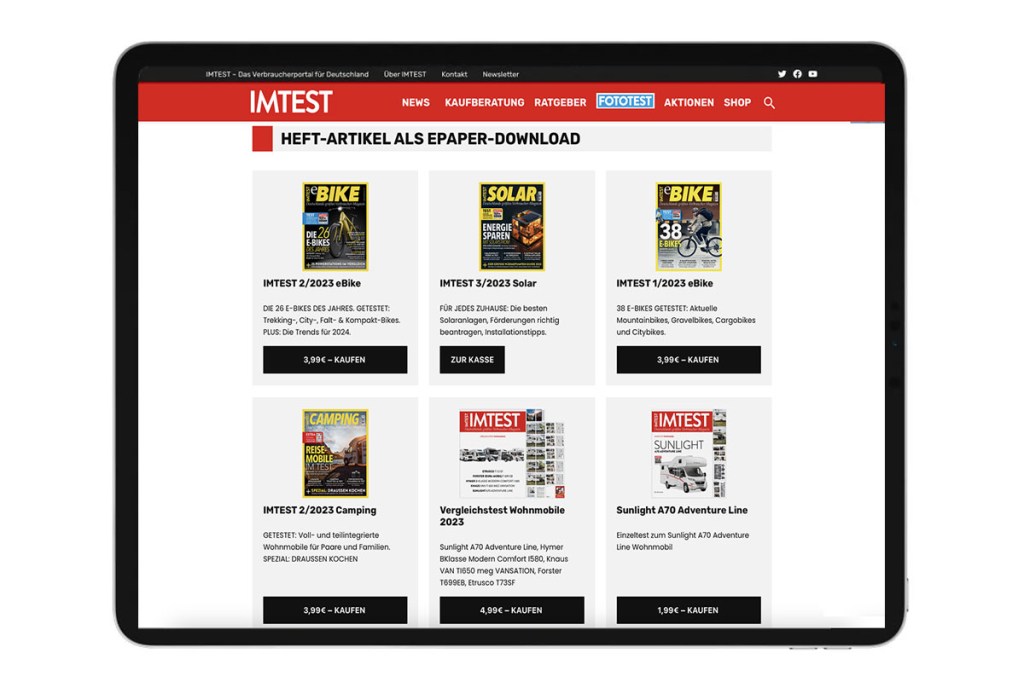 Screenshot der Startseite des IMTEST ePaper-Shops in einem iPad.