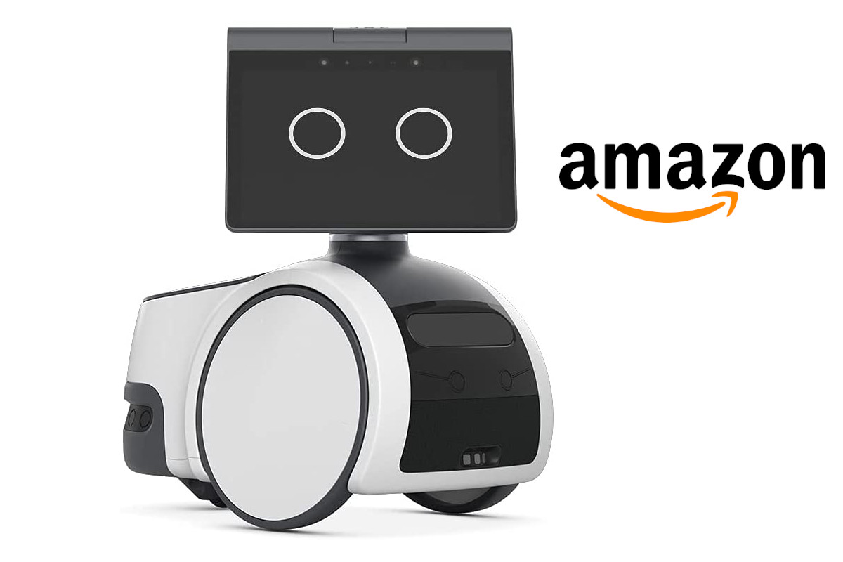 Weiß schwarzer Roboter von vorne auf weißem Hintergrund mit Amazon Logo