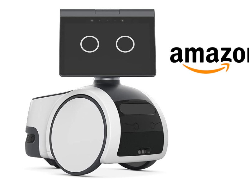 Weiß schwarzer Roboter von vorne auf weißem Hintergrund mit Amazon Logo