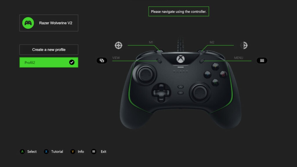 Screenshot schwarzer Hintergrund mit Abbildung von schwarzem Controller und Einstellungsoptionen für Knöpfe