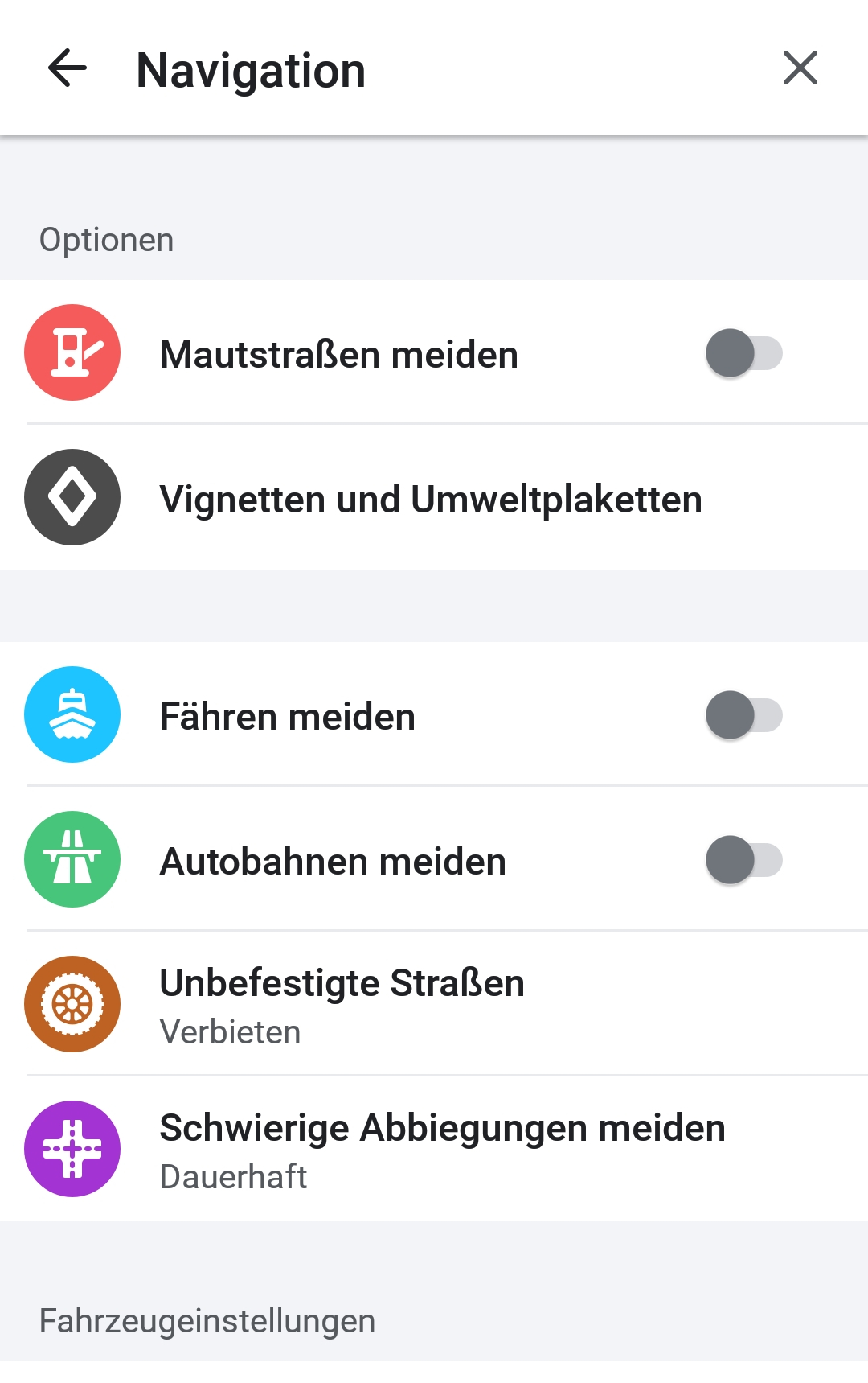 Screenshot Icons zum auswählen von Straßen