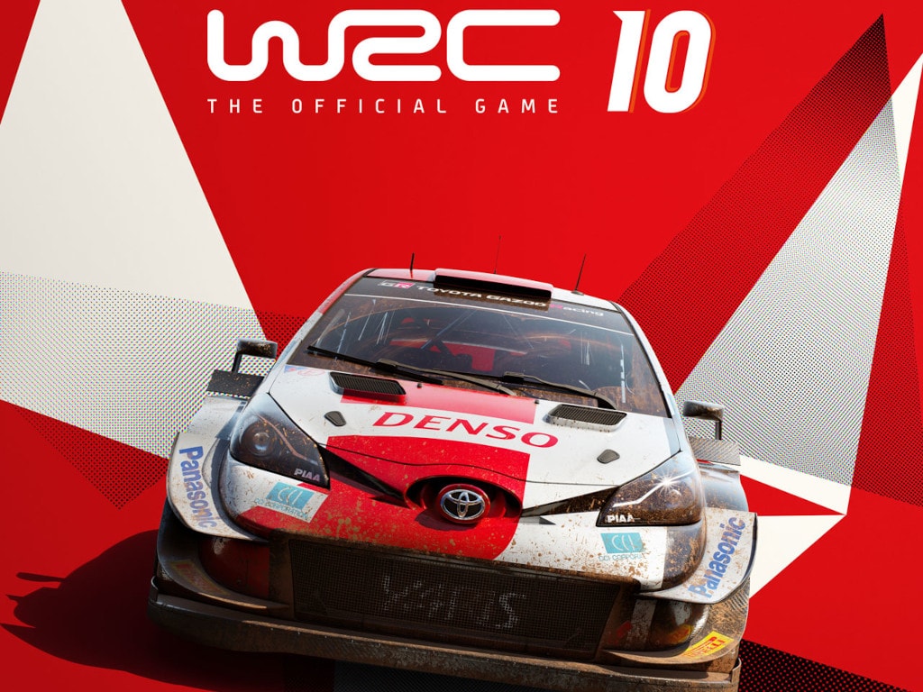 Rot weißes Rally-Auto von vorne auf rot weißem Hintergrund mit WRC 10 Schriftzug