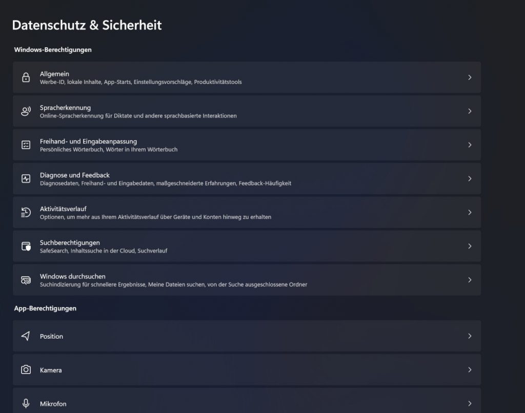 Screenshot Fenster mit Datenschutzeinstellungen für Windows 11